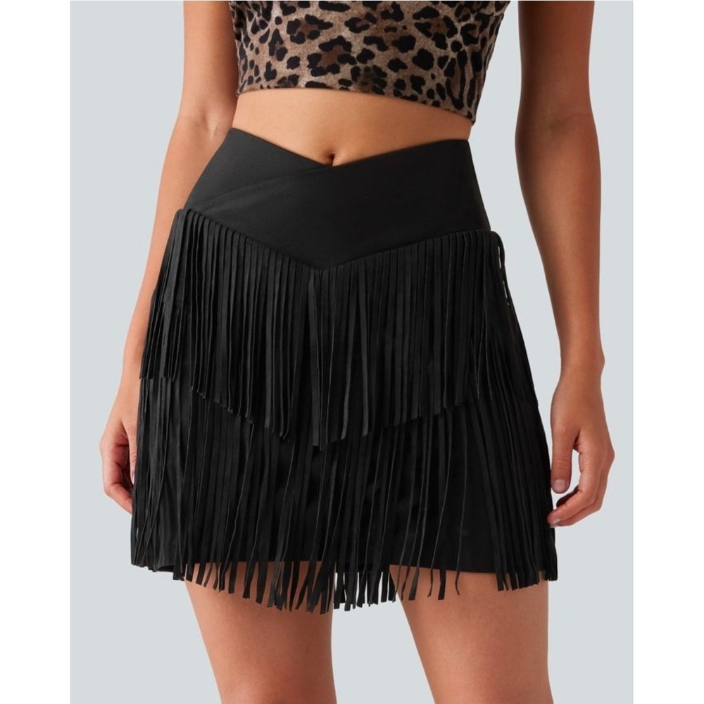 Halara Crossover High Waisted Fringe Hem Bodycon Mini Suede Skirt Black Medium